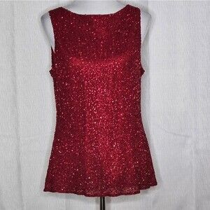 Marina by Marina Bresler Vintage Silk Christmas Red Beaded Sleeveless Blouse